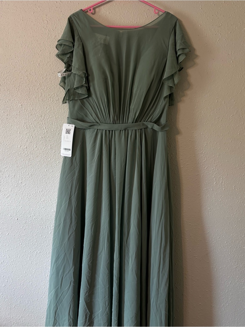 NWT Azazie Daphne Bridesmaid Dress Matcha Green with Ruffle Sleeves size 14
